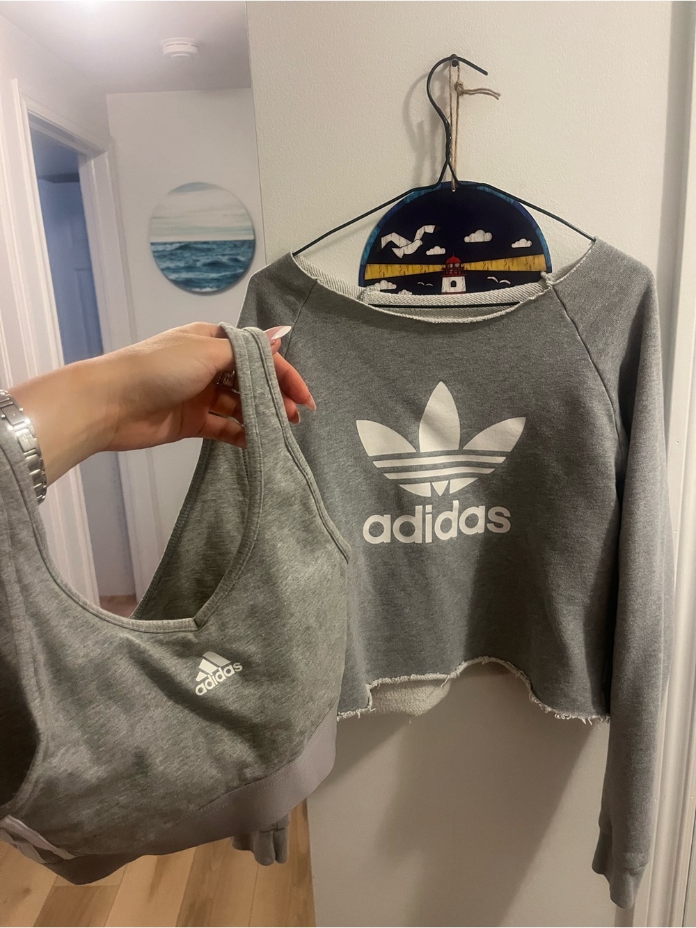 35. ADIDAS BUNDLE Heather Gray Cropped Sweatshirt with Matching Sports bra